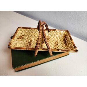 1950's Enesco Bamboo Handle Candy Dish Trinket Tray Natural Textured‎ Whimsical